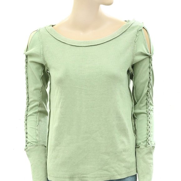 Free People We The Free Daisy Chain Cuff Blouse Top Ribbed Green S NWD - Picture 8 of 10